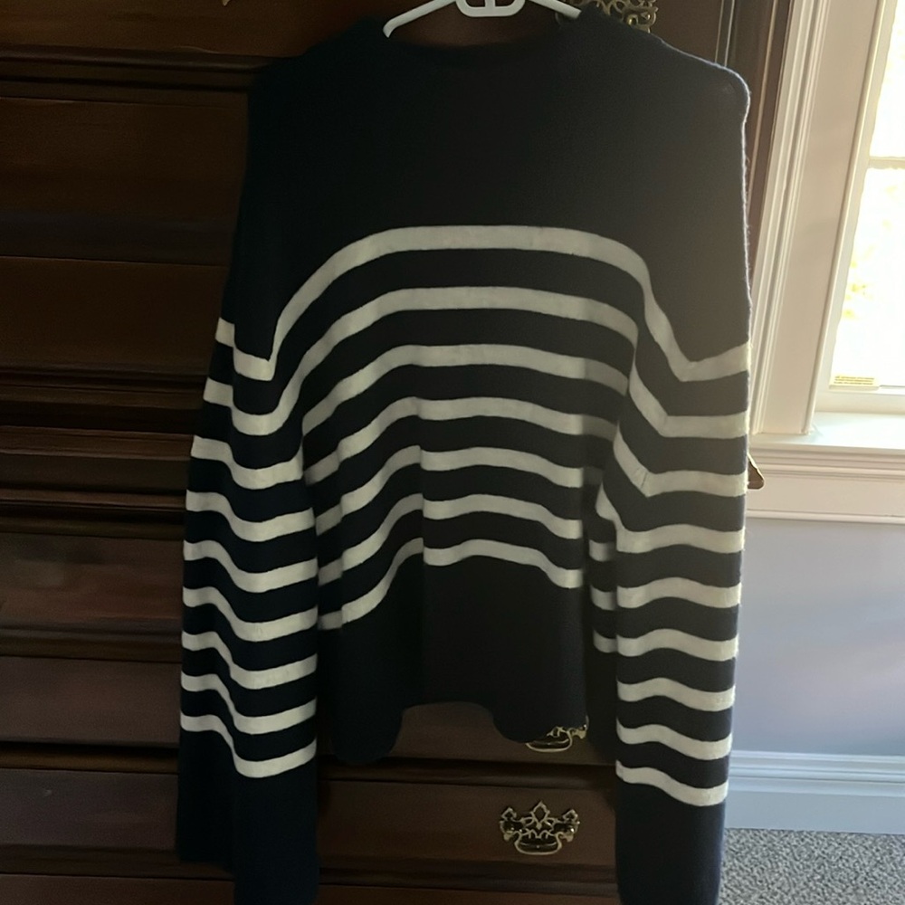 J Crew navy and white striped sweater, size large.